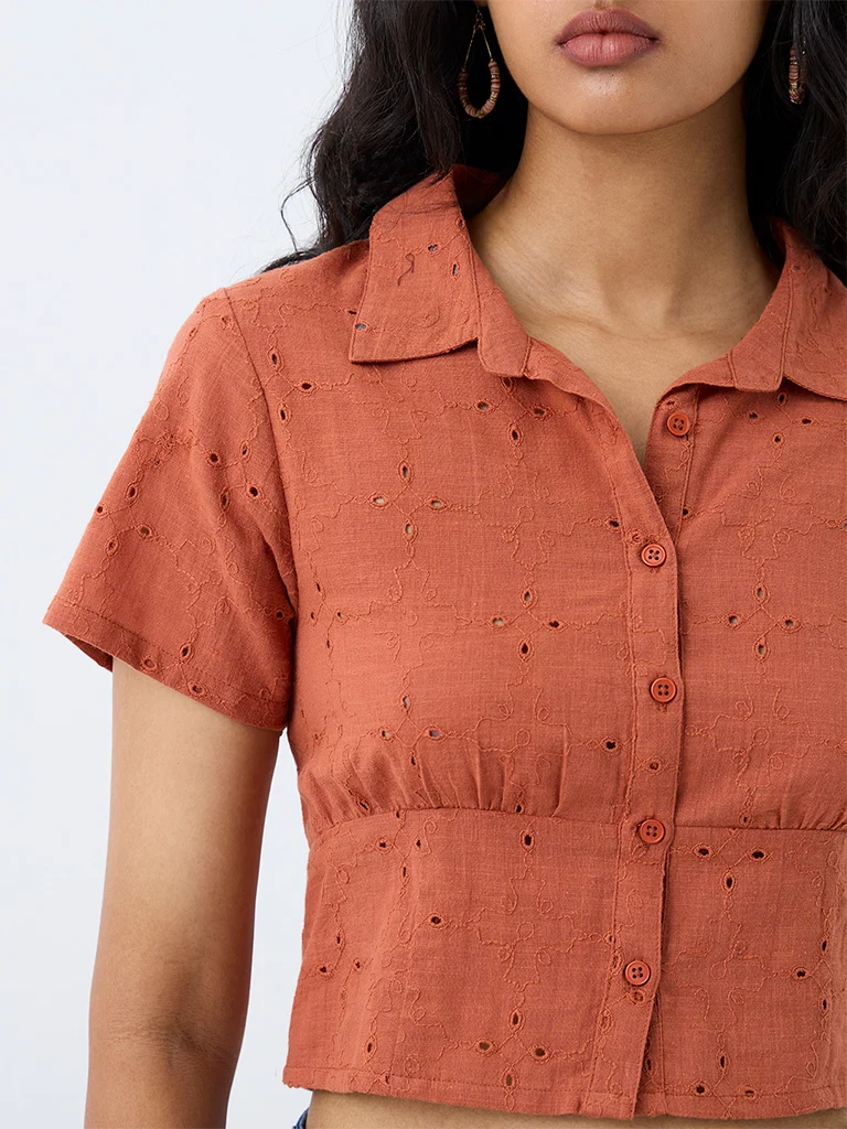 Bombay Paisley Rust Schiffli Embroidered Cotton Top