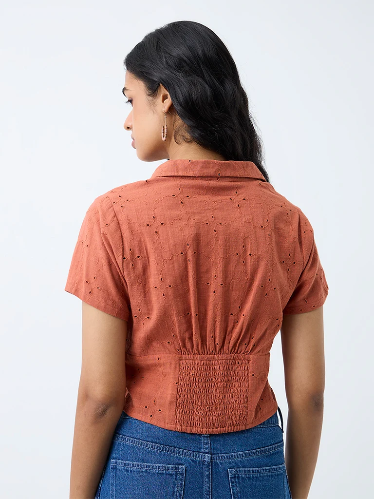 Bombay Paisley Rust Schiffli Embroidered Cotton Top