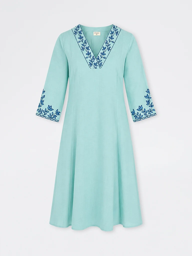 Diza Aqua Floral Embroidered A-Line Kurta