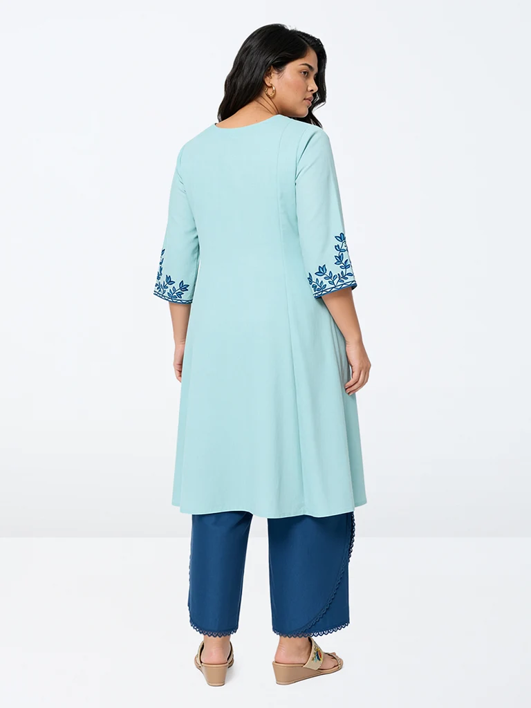 Diza Aqua Floral Embroidered A-Line Kurta