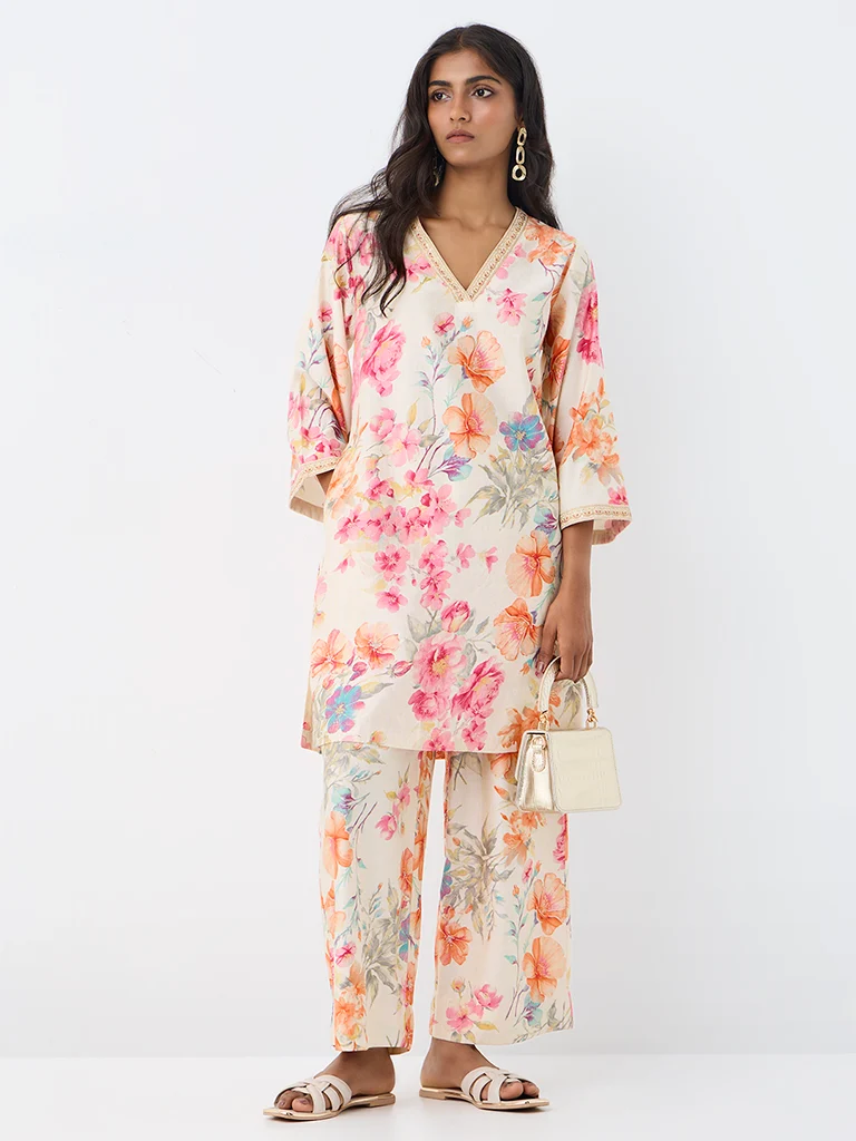 Utsa Off-White Floral Printed Cotton A-Line Kurta
