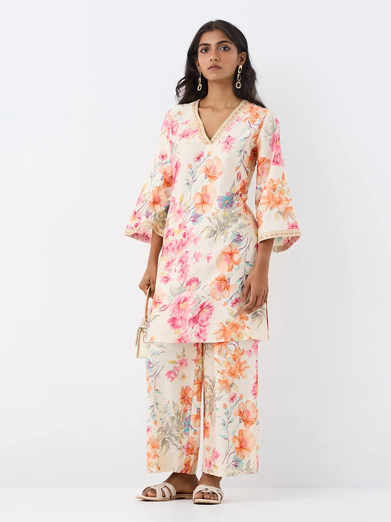 Utsa Off-White Floral Printed Cotton A-Line Kurta