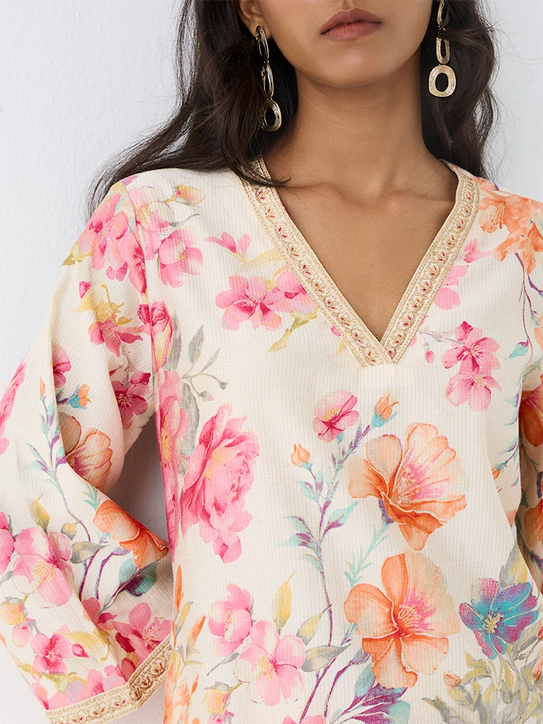 Utsa Off-White Floral Printed Cotton A-Line Kurta