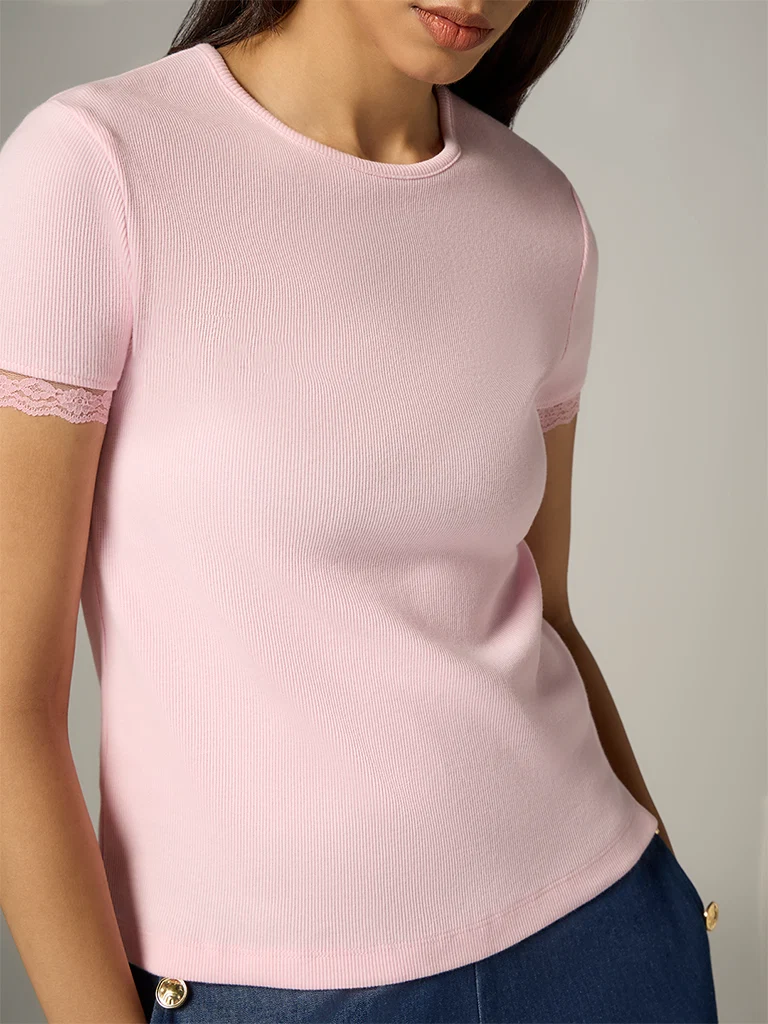 Wardrobe Pink Lace Detail Cotton-Blend T-Shirt