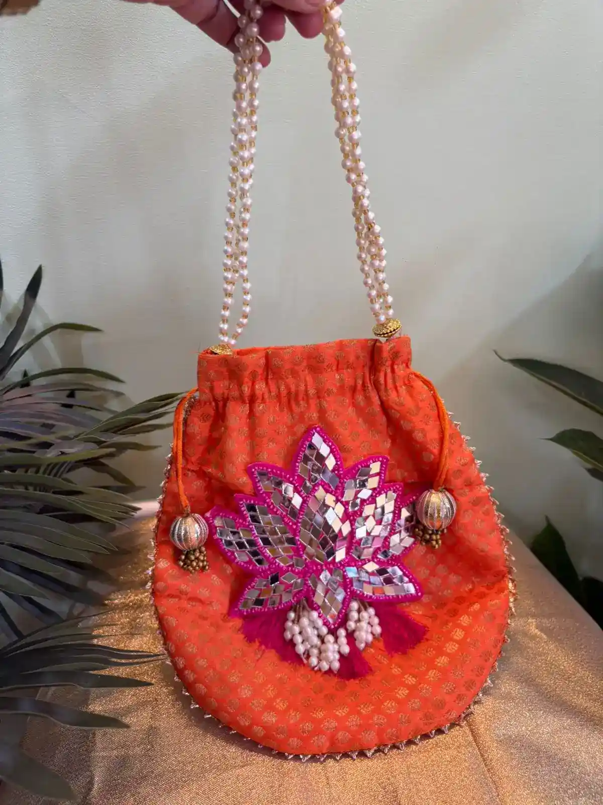 Banarsi Mutka potli with Pearl handle and mirror lotus (pack of 10)