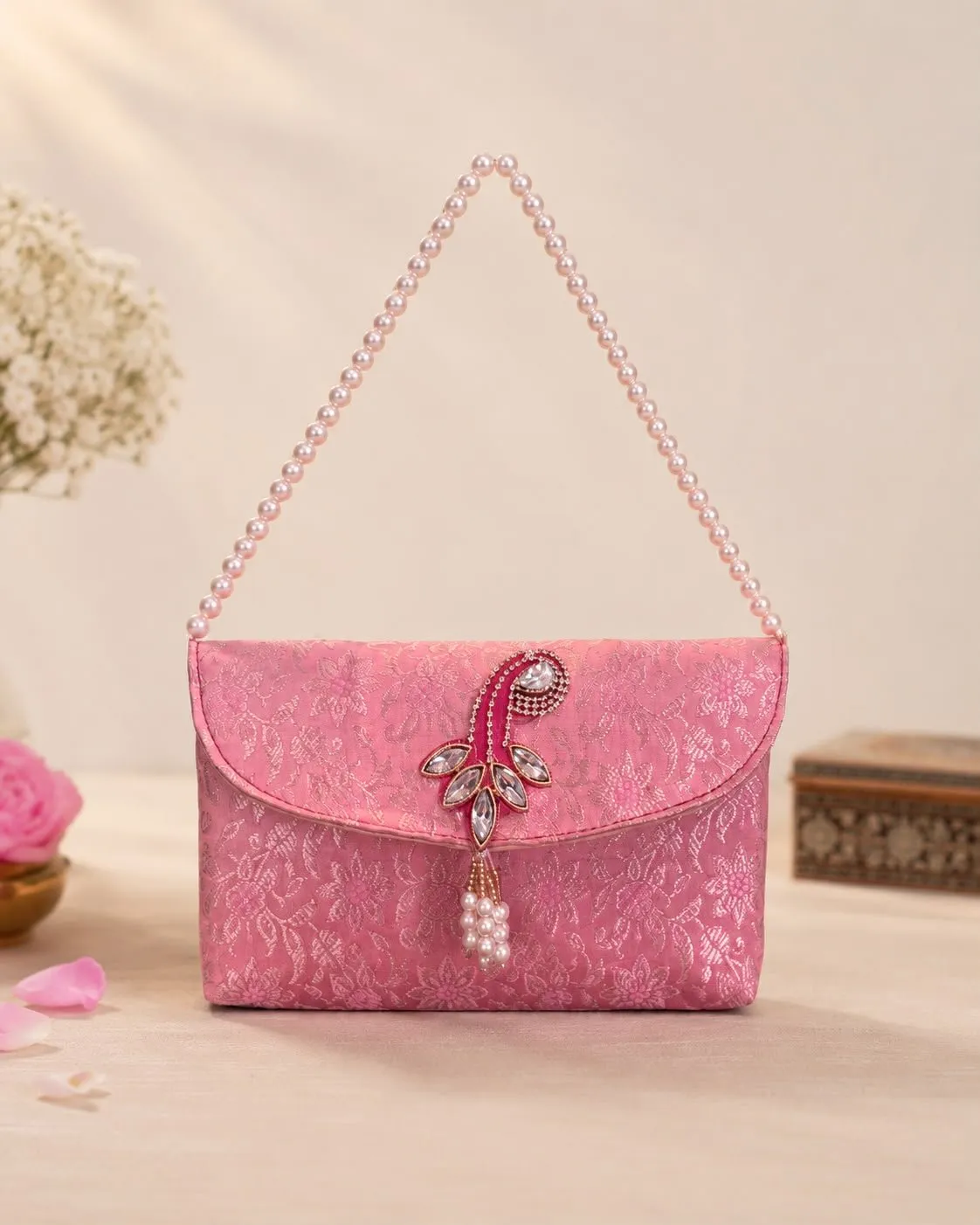 Sling Bag In brocade with pearl handle (pack of 10)