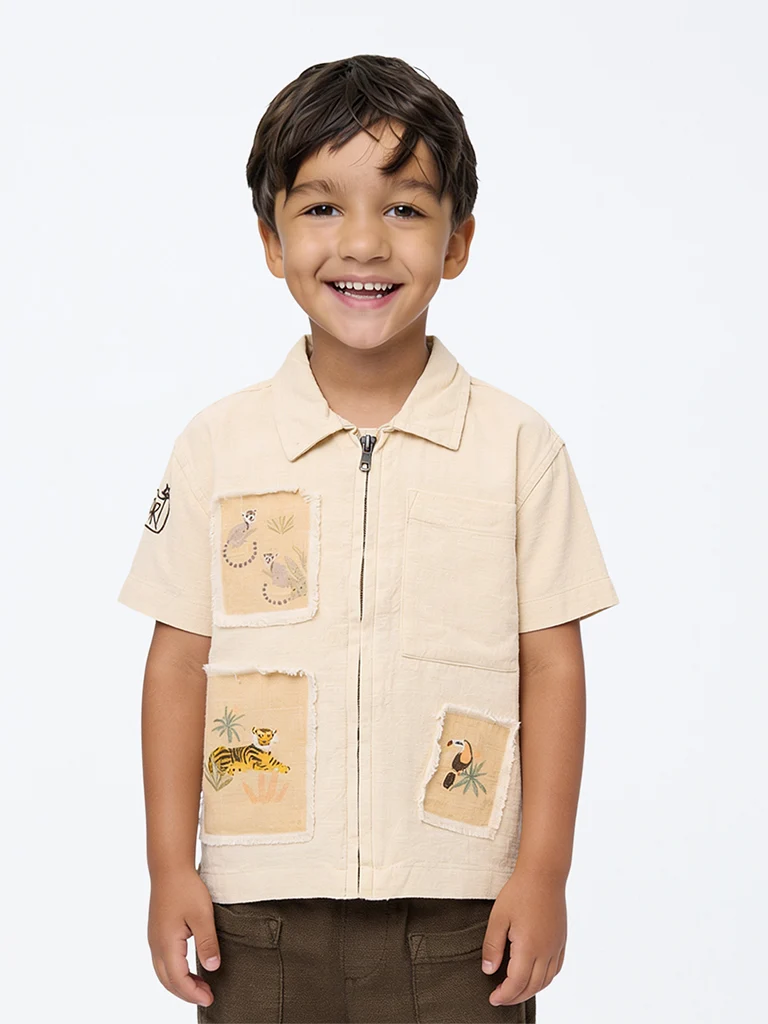 HOP Kids Boys Light Beige Wildlife-Theme Cotton Shirt