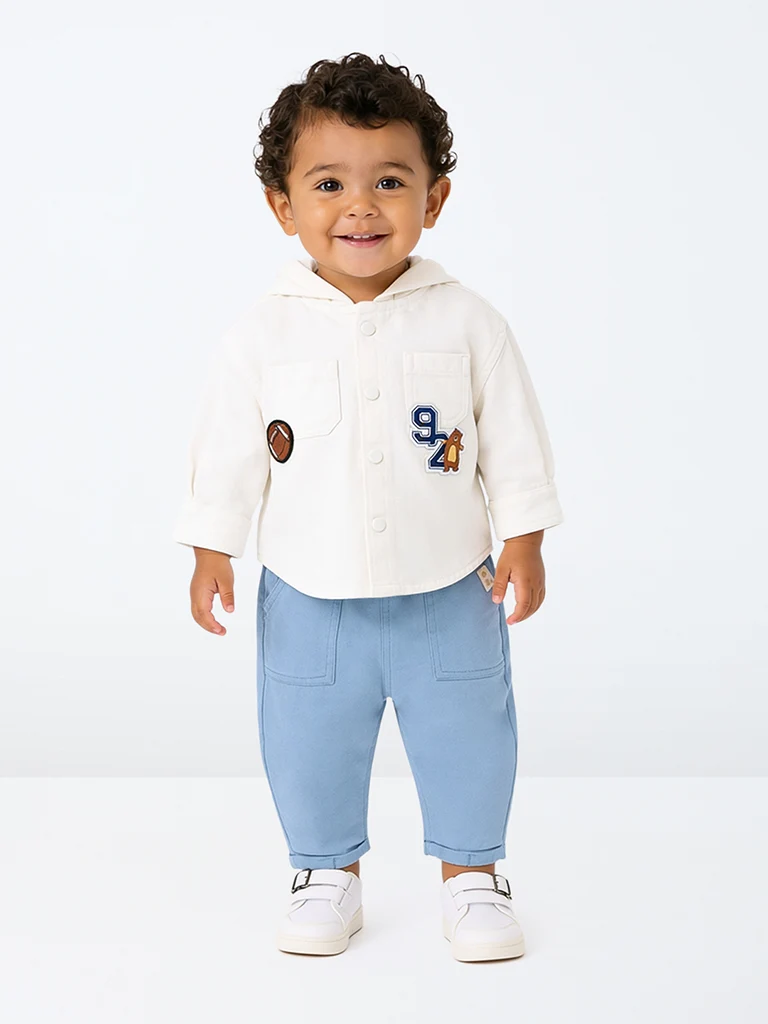 HOP Baby Boys White Patch-Detail Cotton Hooded Shirt