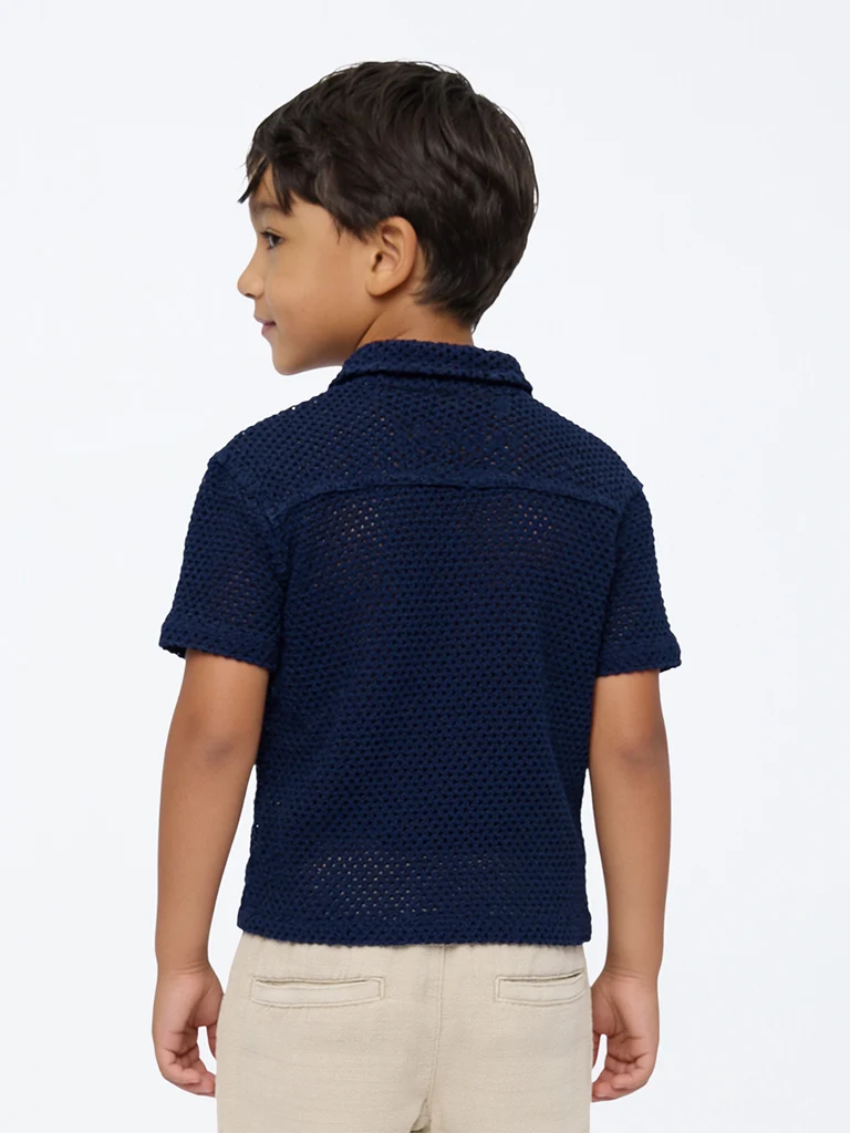 HOP Kids Boys Navy Crotchet-Knitted Cotton Shirt