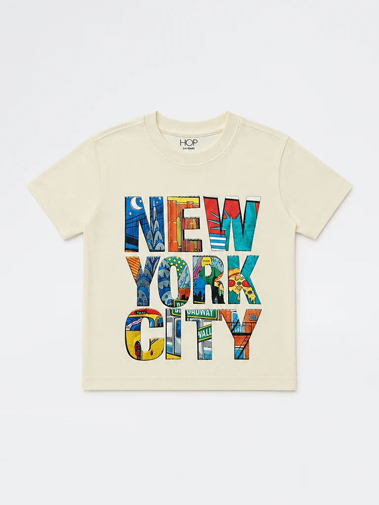 HOP Kids Boys Off-White Text Printed Cotton T-Shirt