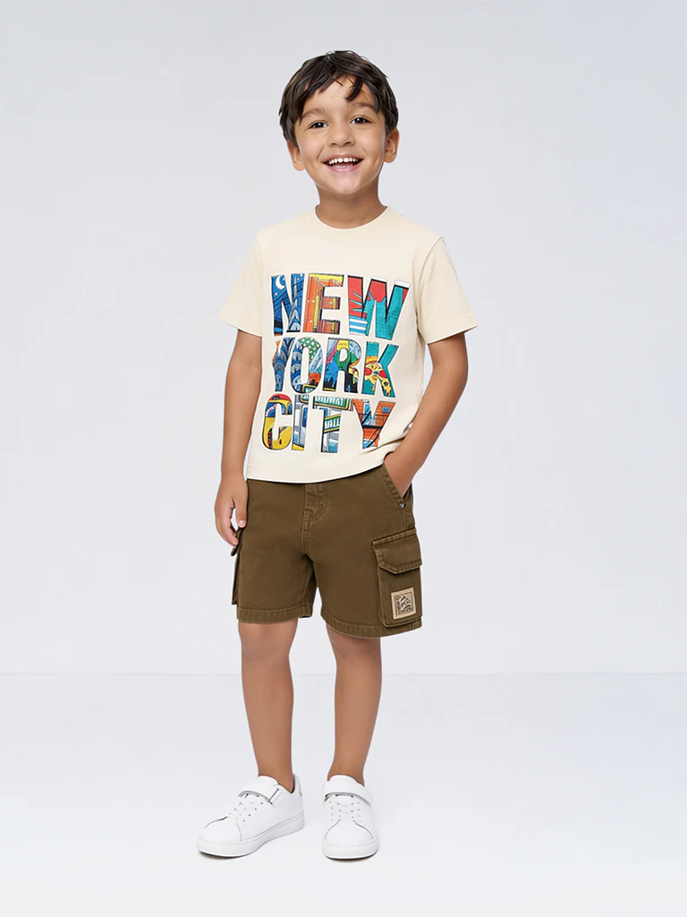 HOP Kids Boys Off-White Text Printed Cotton T-Shirt