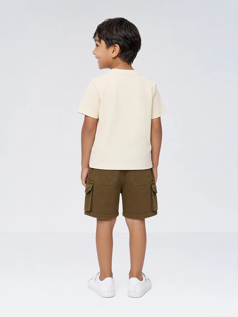 HOP Kids Boys Off-White Text Printed Cotton T-Shirt
