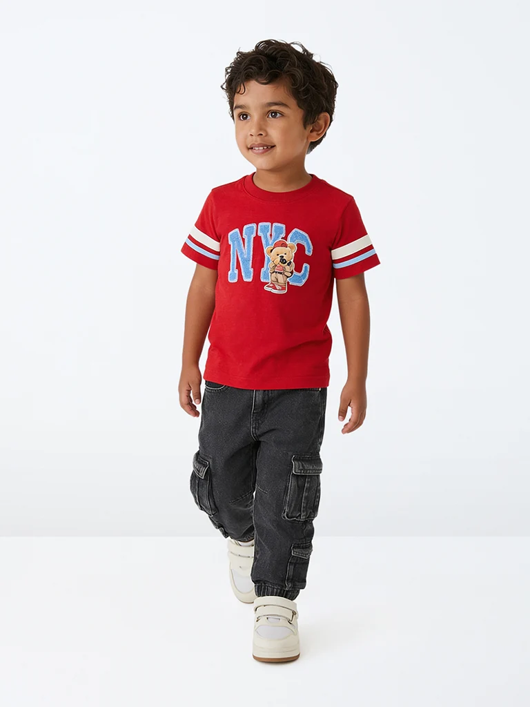 HOP Kids Boys Red Text Embroidered Cotton T-Shirt