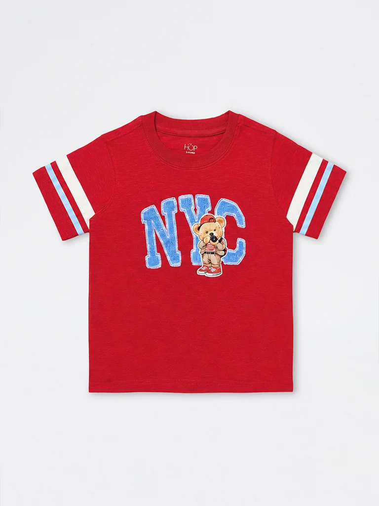HOP Kids Boys Red Text Embroidered Cotton T-Shirt