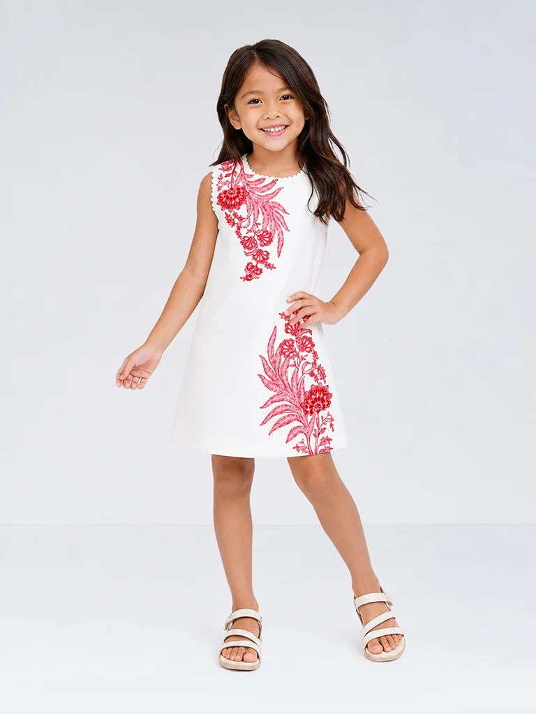 Kids Girls White Floral Printed Cotton-Blend Shift Dress