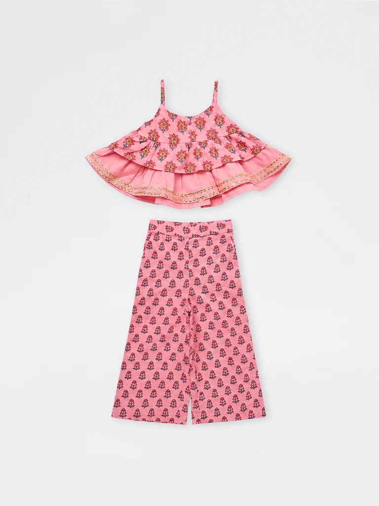 Kids Girls Pink Floral Printed Cotton Top and Pants Set