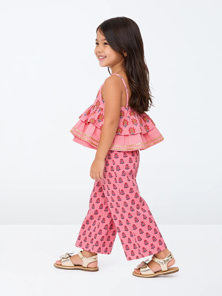 Kids Girls Pink Floral Printed Cotton Top and Pants Set