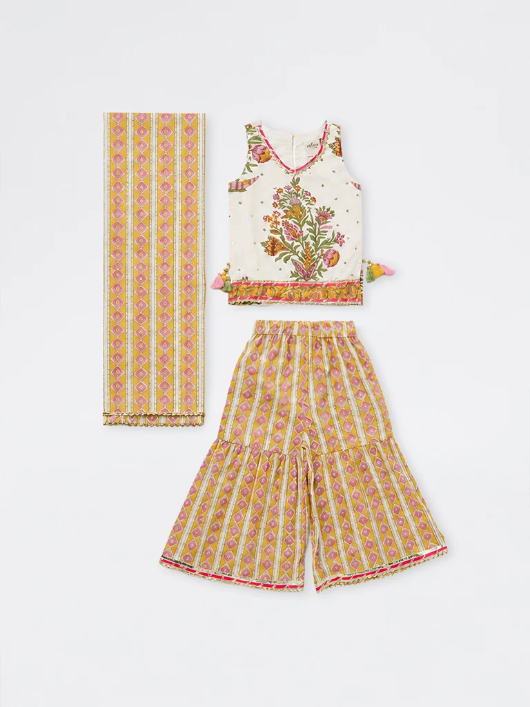 Kids Girls Multicolor Floral Printed Cotton Top with Sharara Set