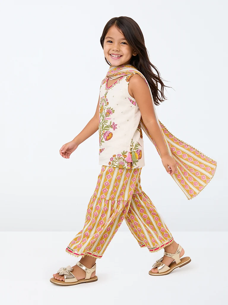 Kids Girls Multicolor Floral Printed Cotton Top with Sharara Set