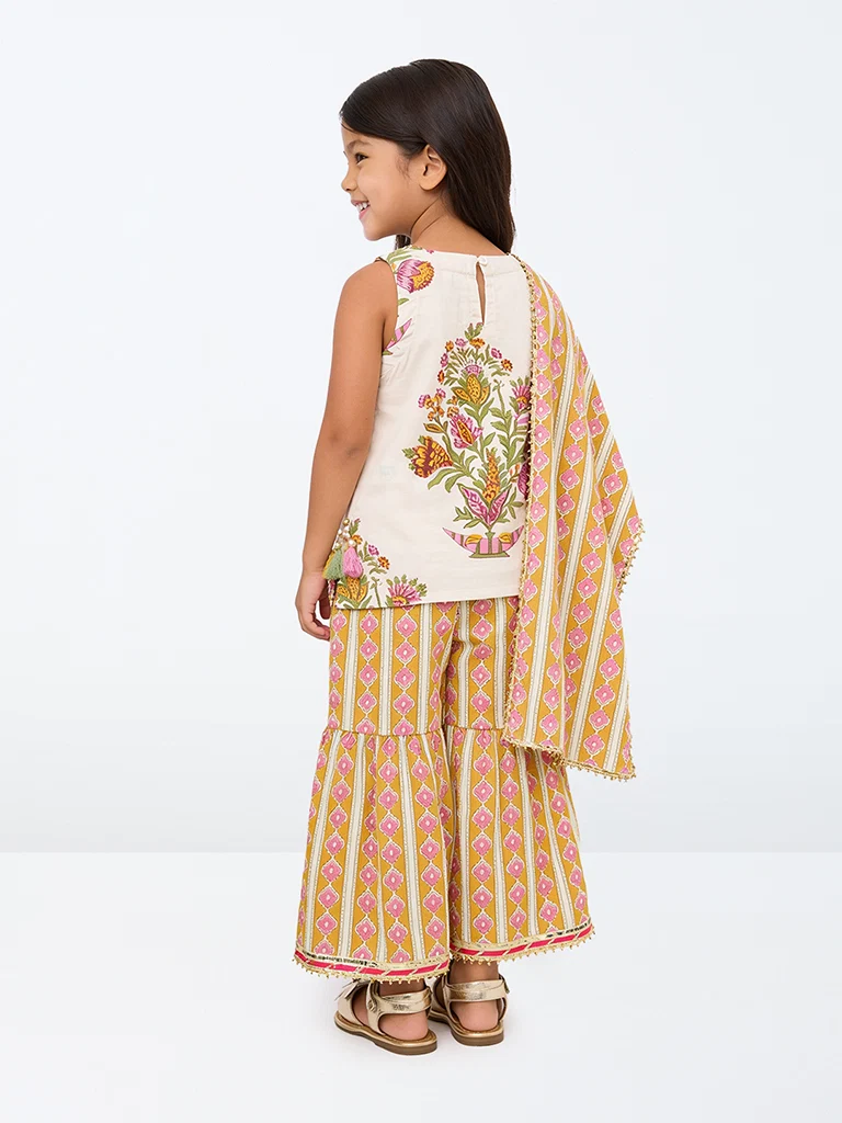 Kids Girls Multicolor Floral Printed Cotton Top with Sharara Set