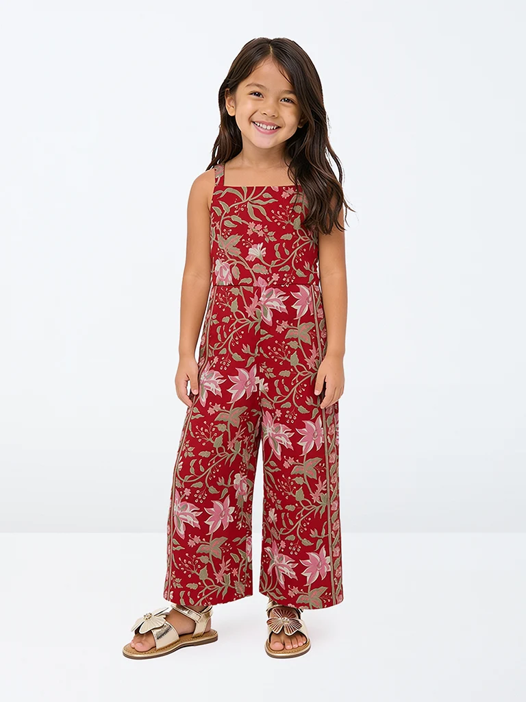 Kids Girls Red Floral Printed Cotton Jumpsuit