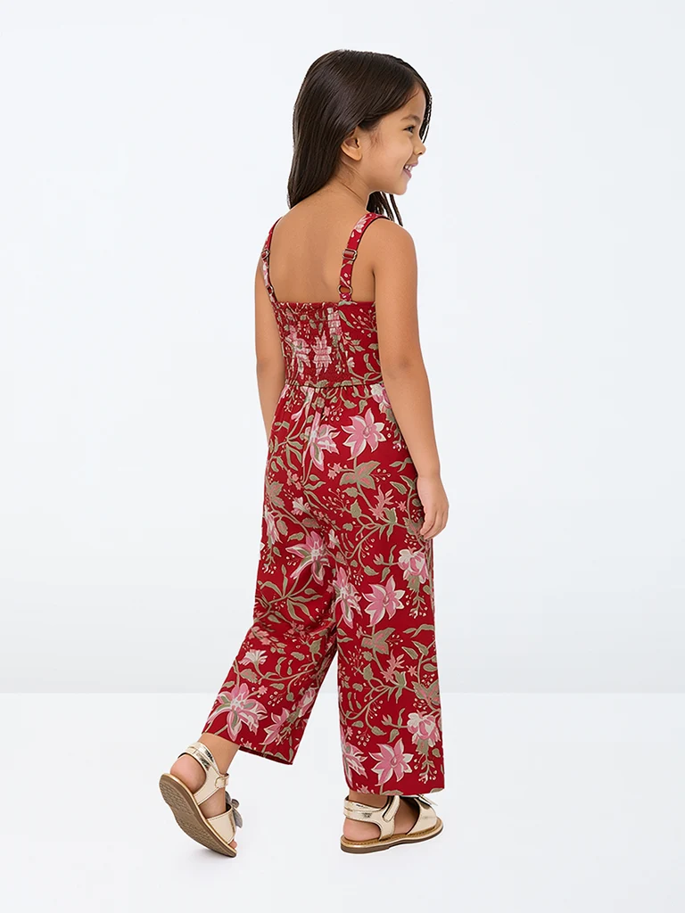 Kids Girls Red Floral Printed Cotton Jumpsuit