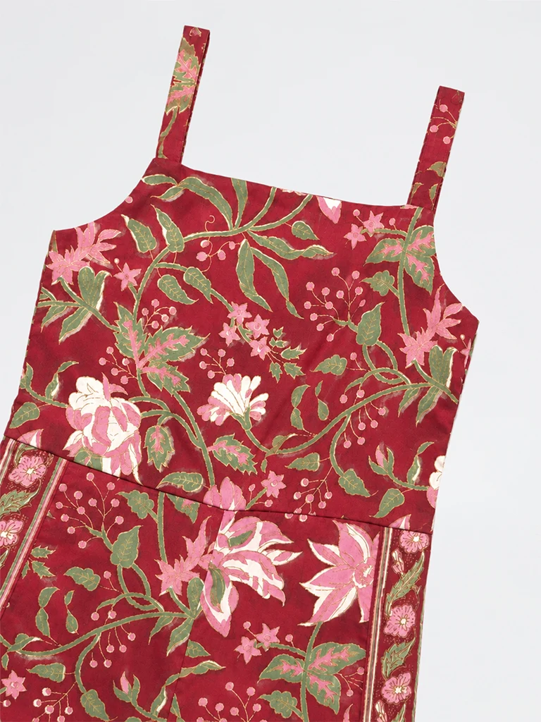 Kids Girls Red Floral Printed Cotton Jumpsuit