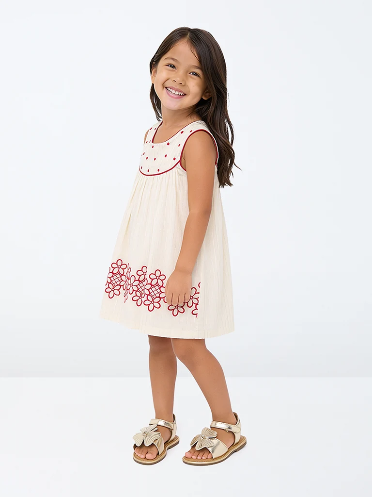 Kids Girls Off-White Floral Design Cotton A-Line Dress