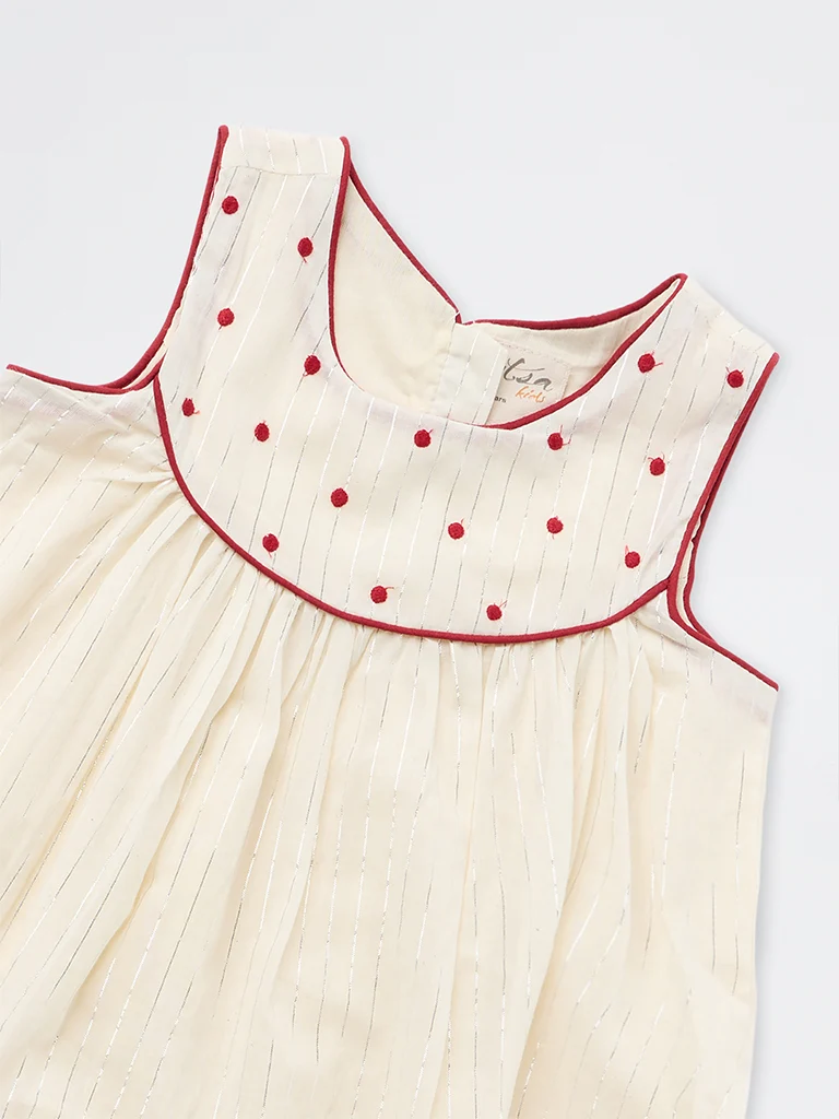 Kids Girls Off-White Floral Design Cotton A-Line Dress