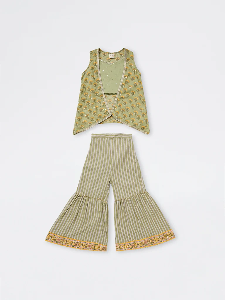 Kids Girls Sage Green Floral Printed Cotton Top, Sharara and Shrug Set