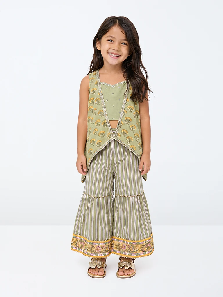Kids Girls Sage Green Floral Printed Cotton Top, Sharara and Shrug Set