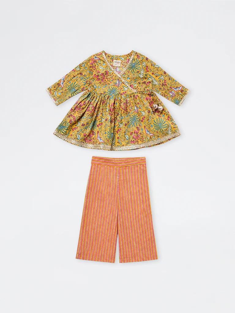 Kids Girls Yellow Printed Cotton Top and Pants Set