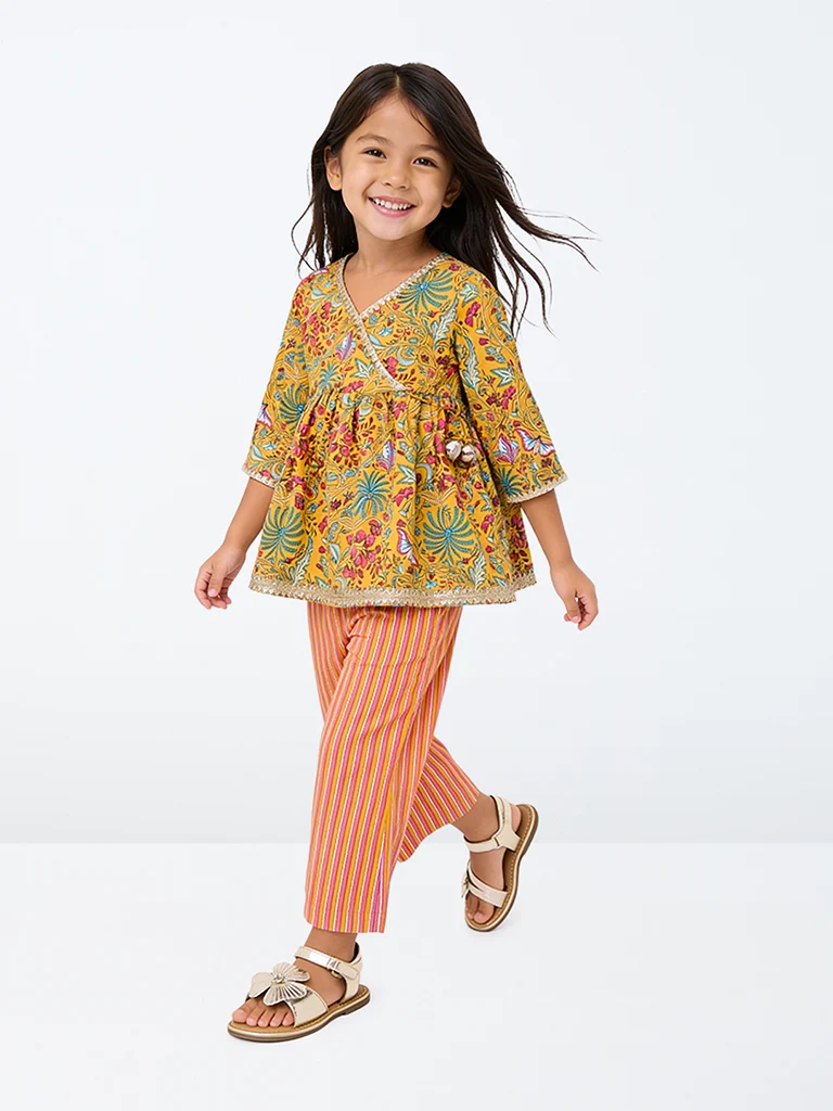 Kids Girls Yellow Printed Cotton Top and Pants Set
