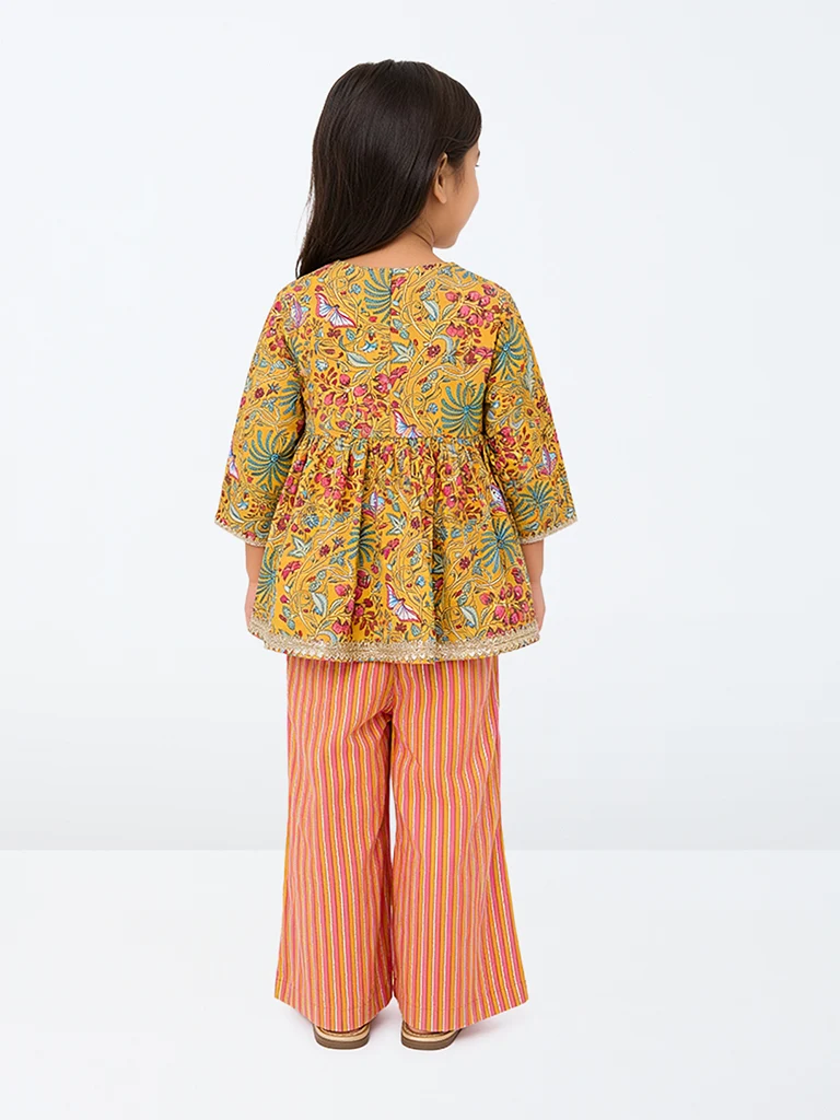 Kids Girls Yellow Printed Cotton Top and Pants Set