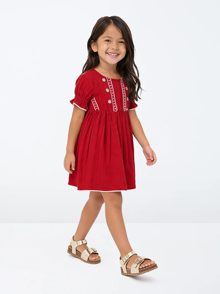 Kids Girls Red Floral Embroidered A-Line Cotton Dress