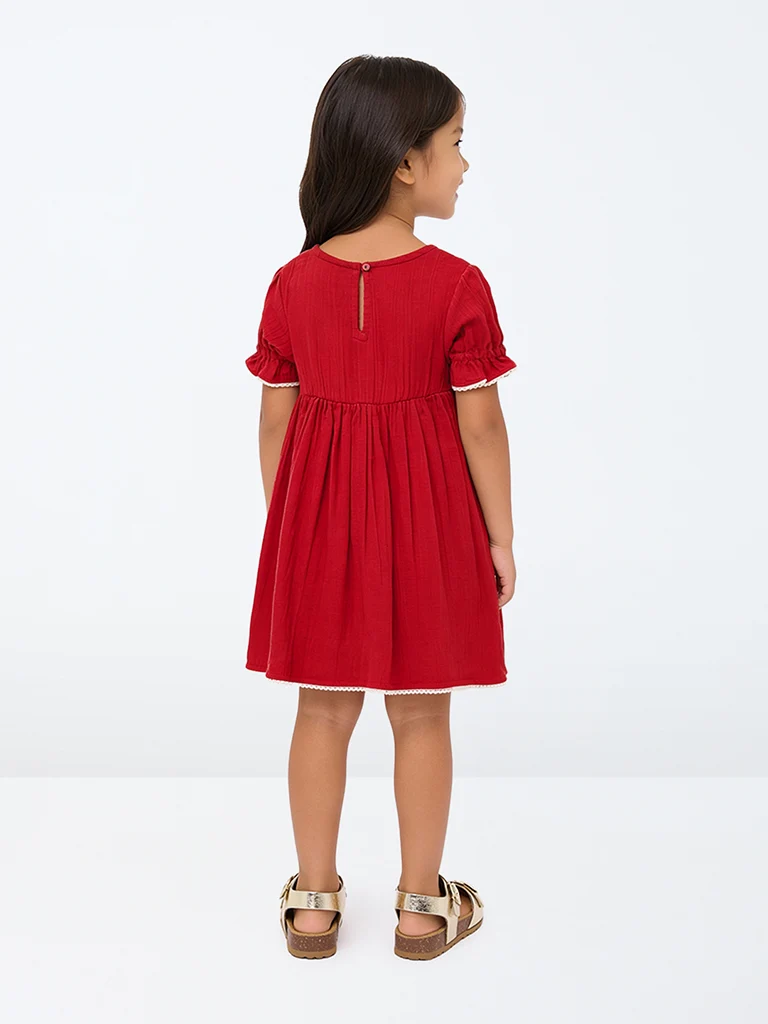 Kids Girls Red Floral Embroidered A-Line Cotton Dress