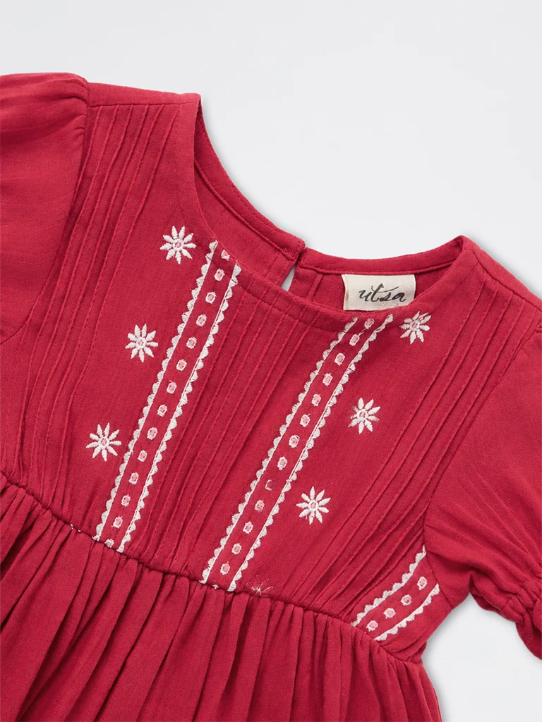 Kids Girls Red Floral Embroidered A-Line Cotton Dress