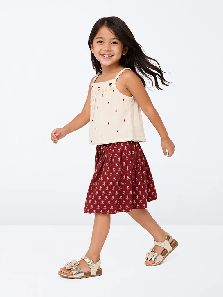 Kids Girls Red Floral Printed Cotton-Blend Skirt