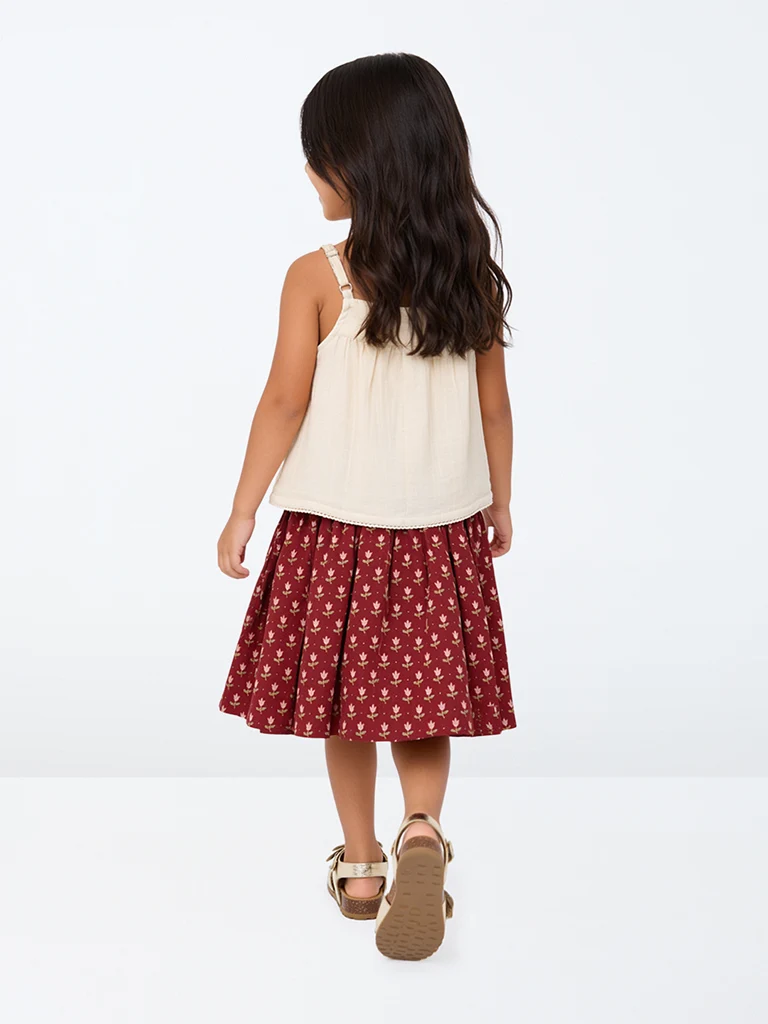 Kids Girls Red Floral Printed Cotton-Blend Skirt