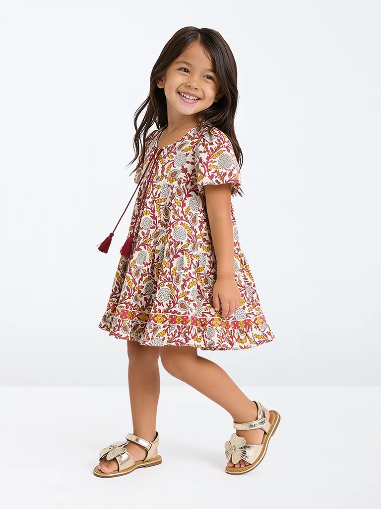 Kids Girls Multicolor Floral Printed Cotton A-Line Dress