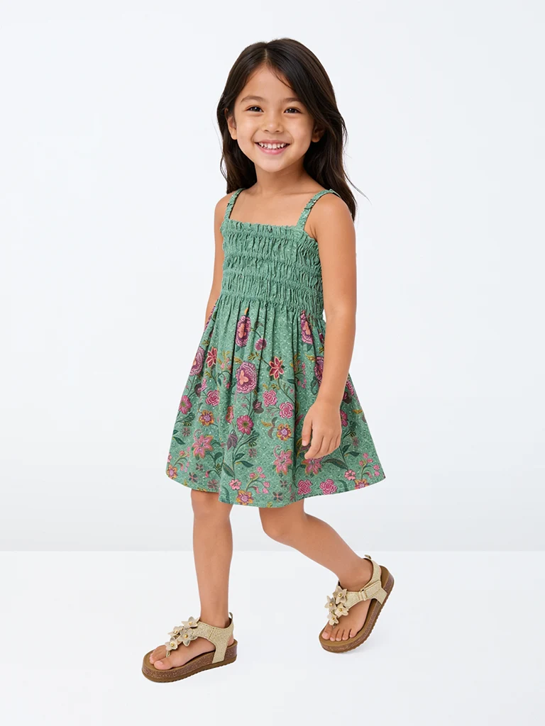 Kids Girls Jade Green Foliage Printed Cotton Fit-and-Flare Dress