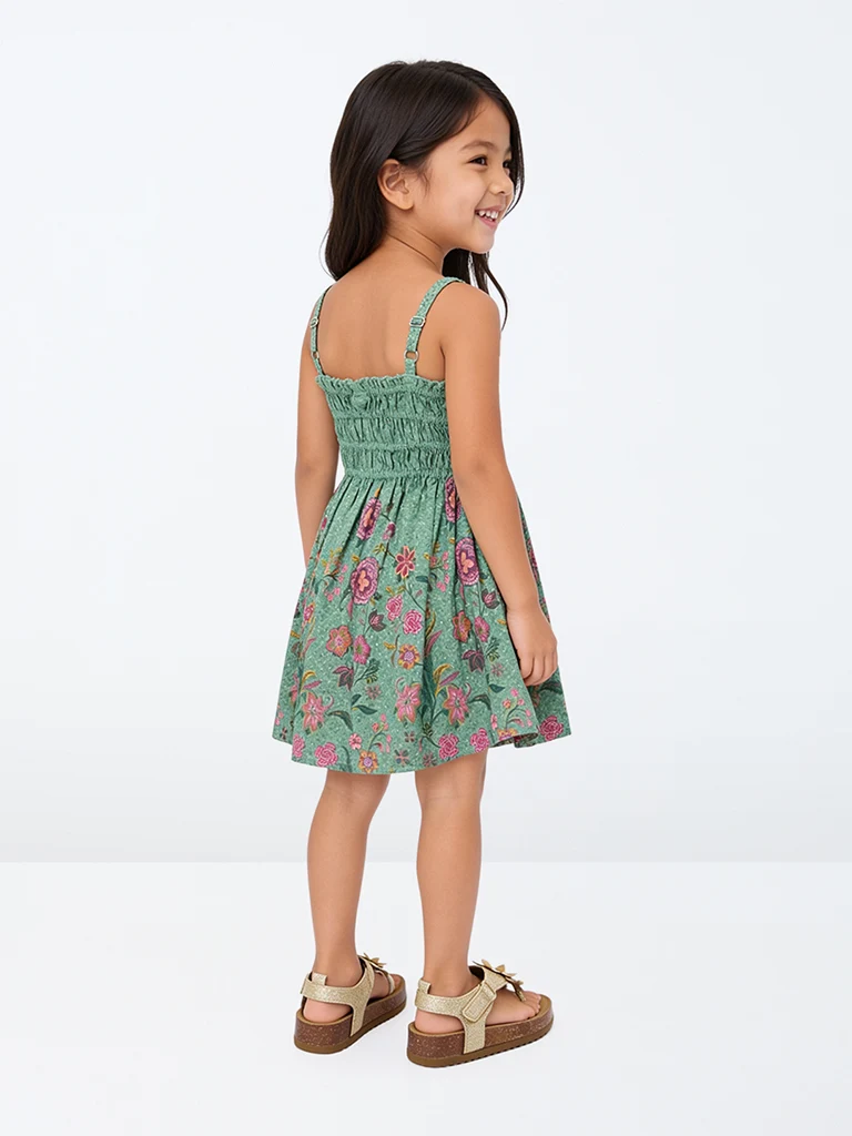Kids Girls Jade Green Foliage Printed Cotton Fit-and-Flare Dress
