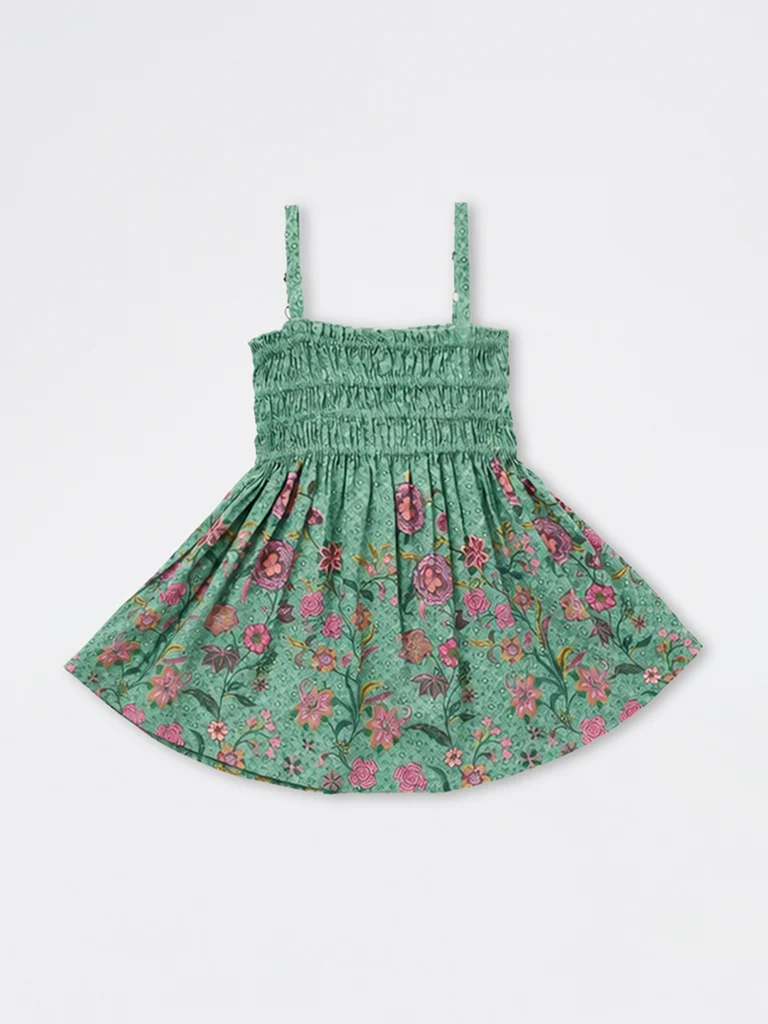 Kids Girls Jade Green Foliage Printed Cotton Fit-and-Flare Dress