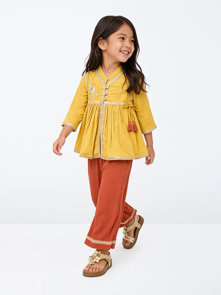 Kids Girls Yellow Sequin Embellished Cotton Top and Ethnic Pants