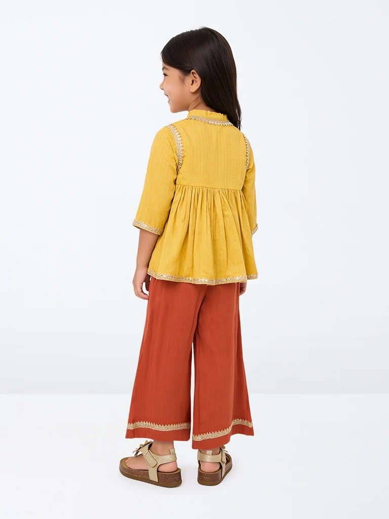 Kids Girls Yellow Sequin Embellished Cotton Top and Ethnic Pants