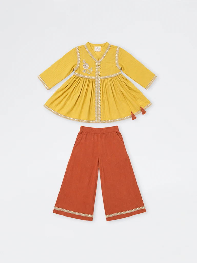Kids Girls Yellow Sequin Embellished Cotton Top and Ethnic Pants
