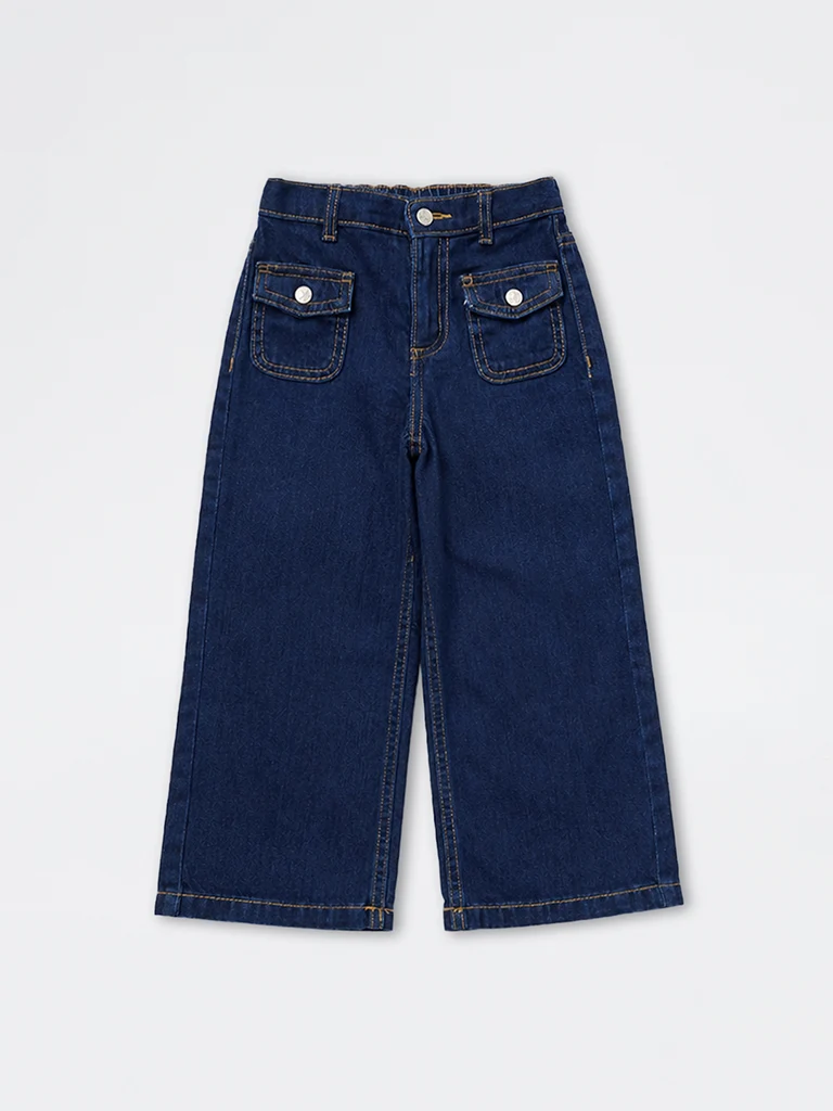 Kids Girls Dark Blue Text-Embroidered High-Rise Jeans