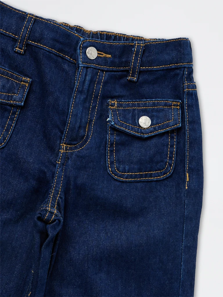 Kids Girls Dark Blue Text-Embroidered High-Rise Jeans