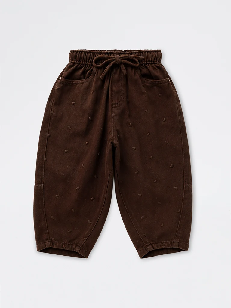 Kids Girls Brown Heart Embroidered High-Rise Relaxed-Fit Jeans