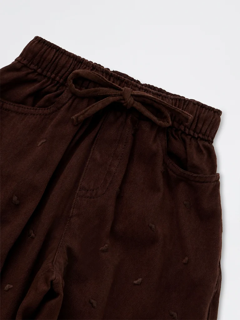 Kids Girls Brown Heart Embroidered High-Rise Relaxed-Fit Jeans